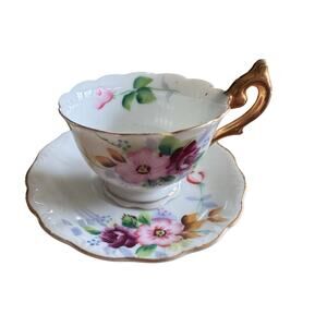 Vintage 1950's Miniature Hand Painted Japanese Cup & Saucer Bone China Porcelain